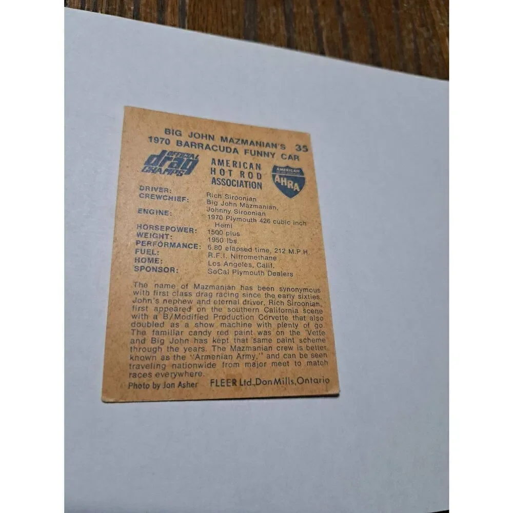 Vintage 1971 Fleer Big John Mazmanians Barracuda Funny Car Race Car Trading Card